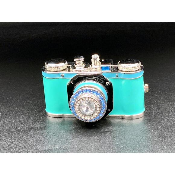 Turquoise Camera Trinket Box Enamel Rhinestone Lens Keepsake - Picture 4 of 4